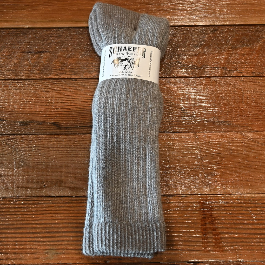 View of Schaefer taupe Alpine Hunter over-the-calf boot sock with cushioned foot and leg support