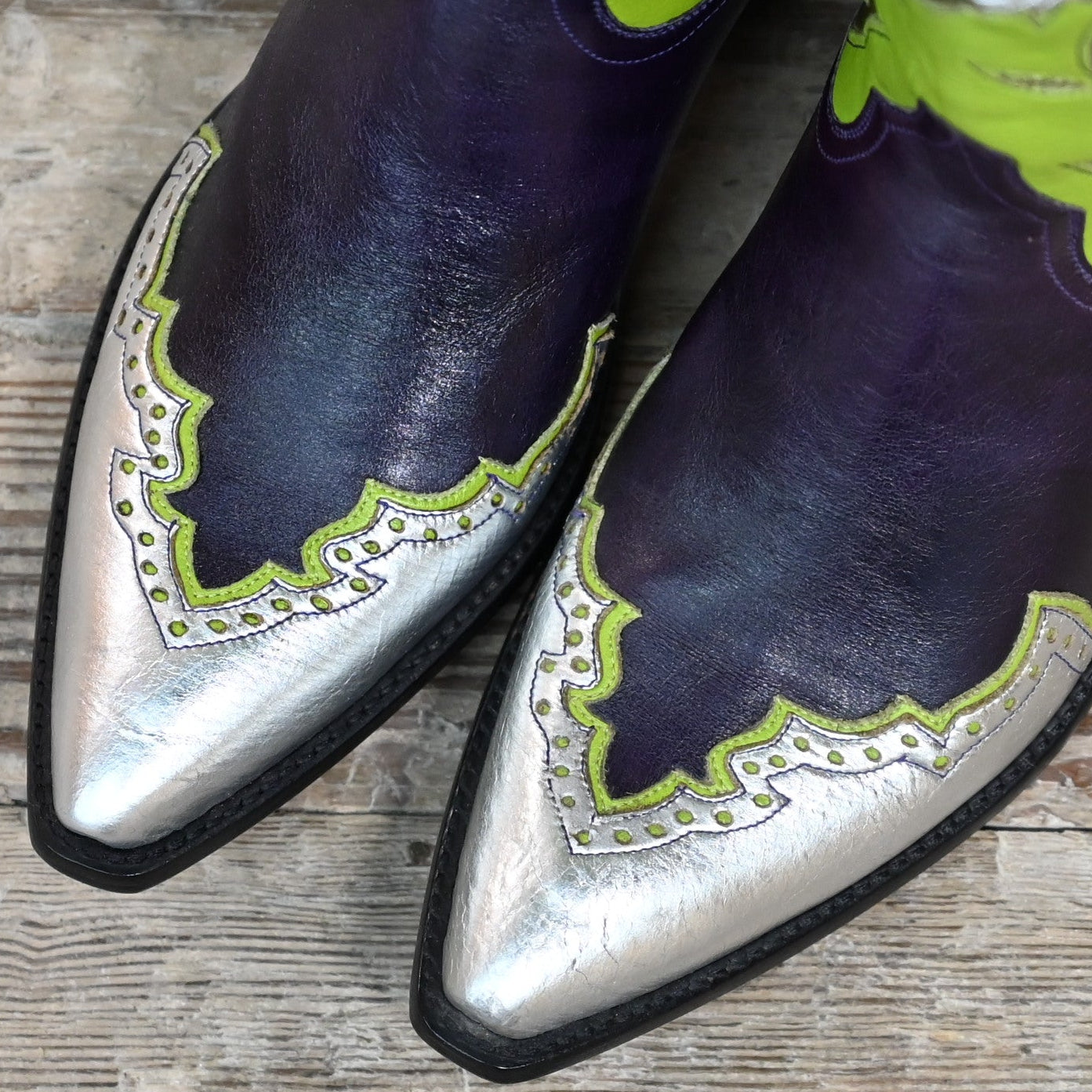 View of Stallion Ladies 14" Rosebud boot with kelly green uppers, purple vamp, and silver wingtip