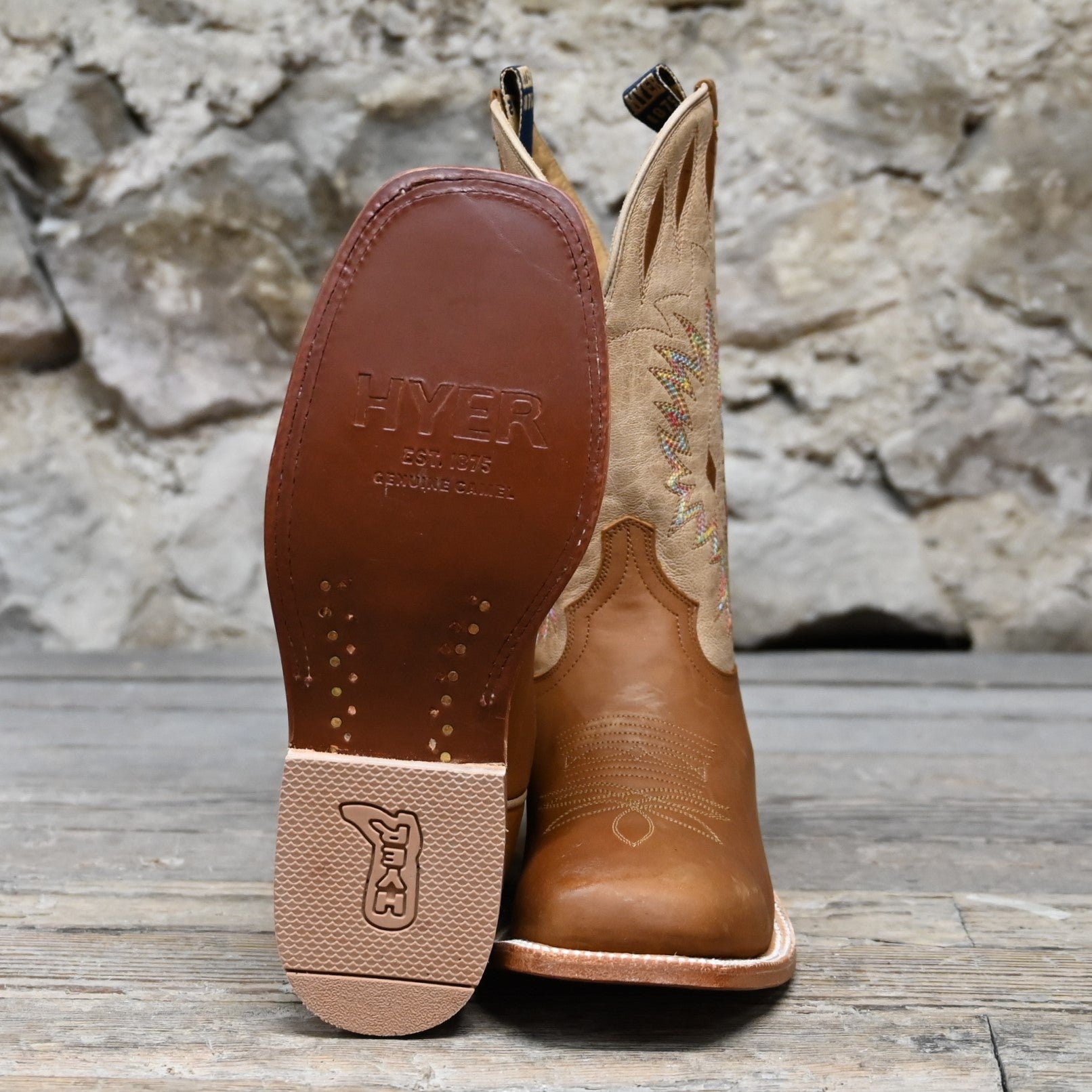 View of Hyer MULBERRY 11" boots showcasing sand Garrison goat leather top and clay mule cowhide vamp with broad square toe and leather stacked heel