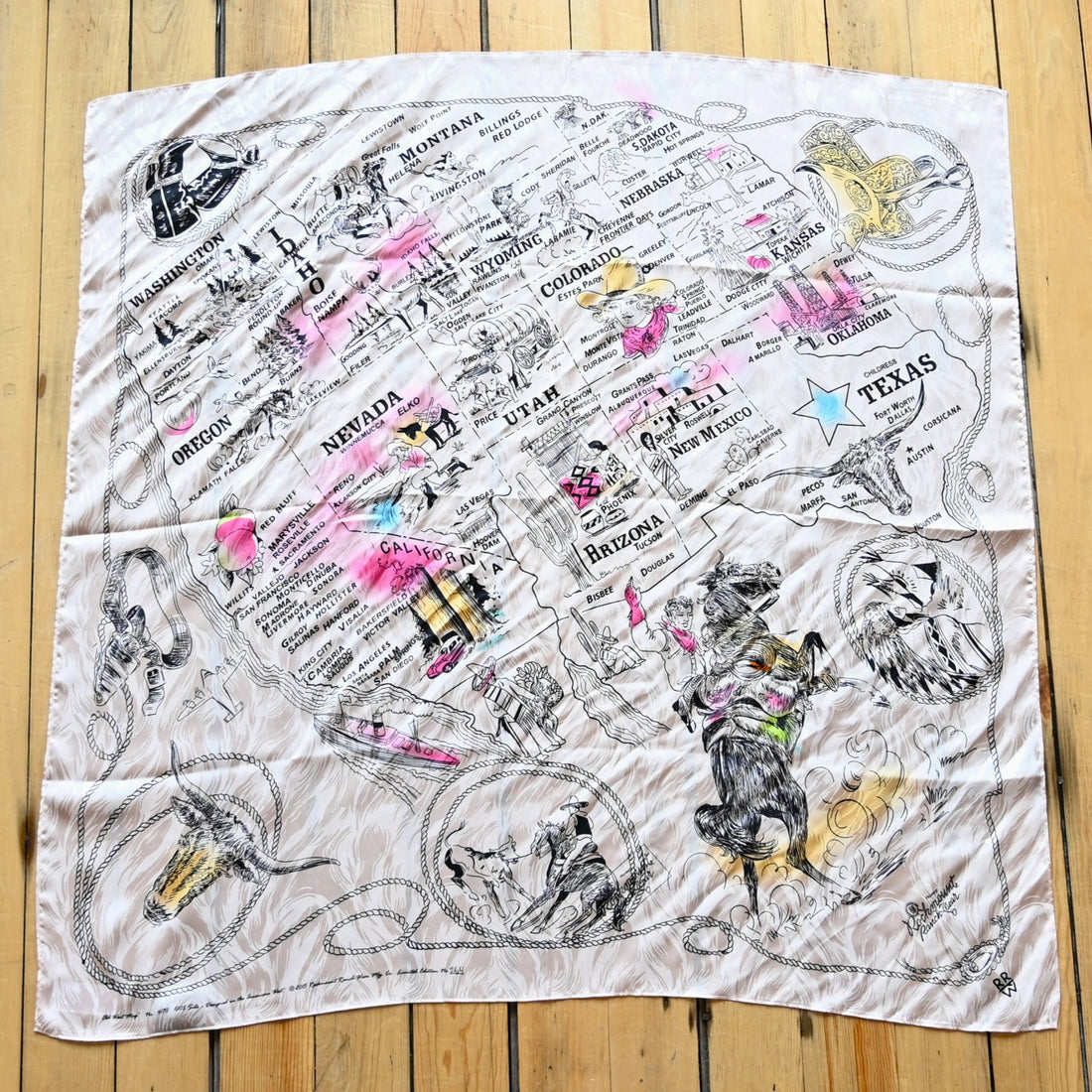 View of Rockmount silk scarf with vintage map of the western United States, 36″ square