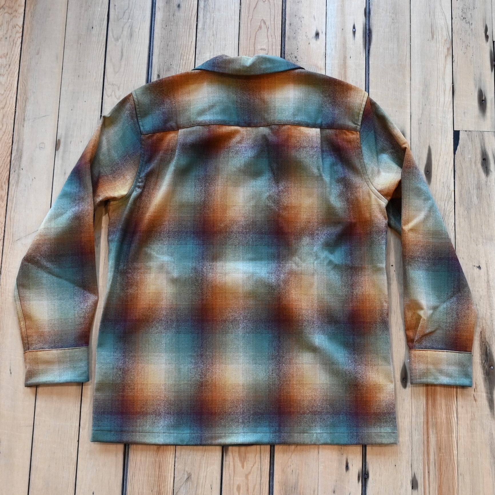 View of Pendleton boyfriend board shirt in gold‑to‑green ombre virgin wool with chest pockets