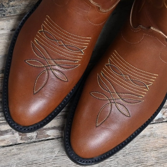 Olathe 17" brown mule leather polo boot with black and yellow toe bug