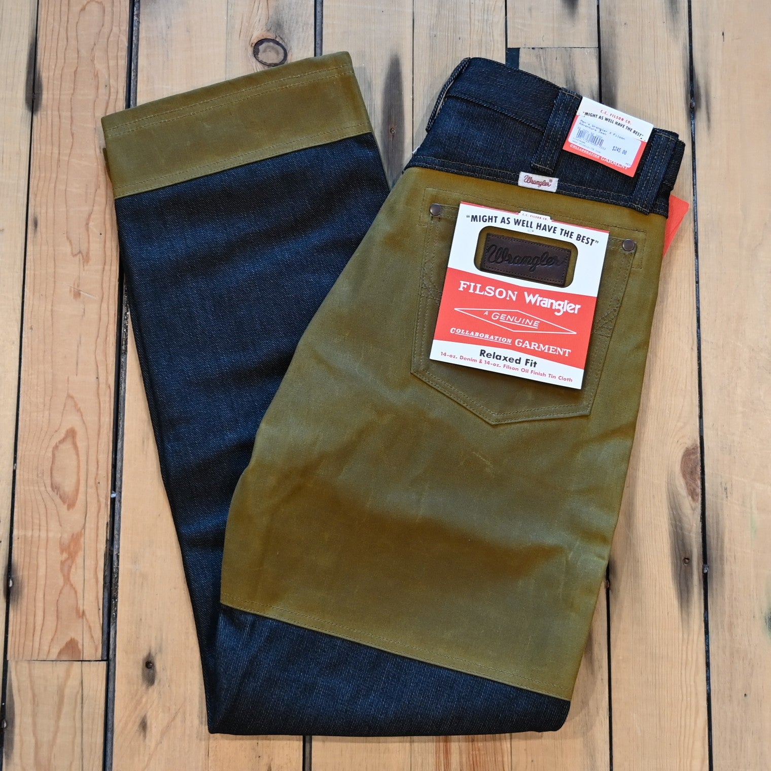 Filson × Wrangler Two-Tone Adventure Jean in indigo with tan waxed canvas reinforcements