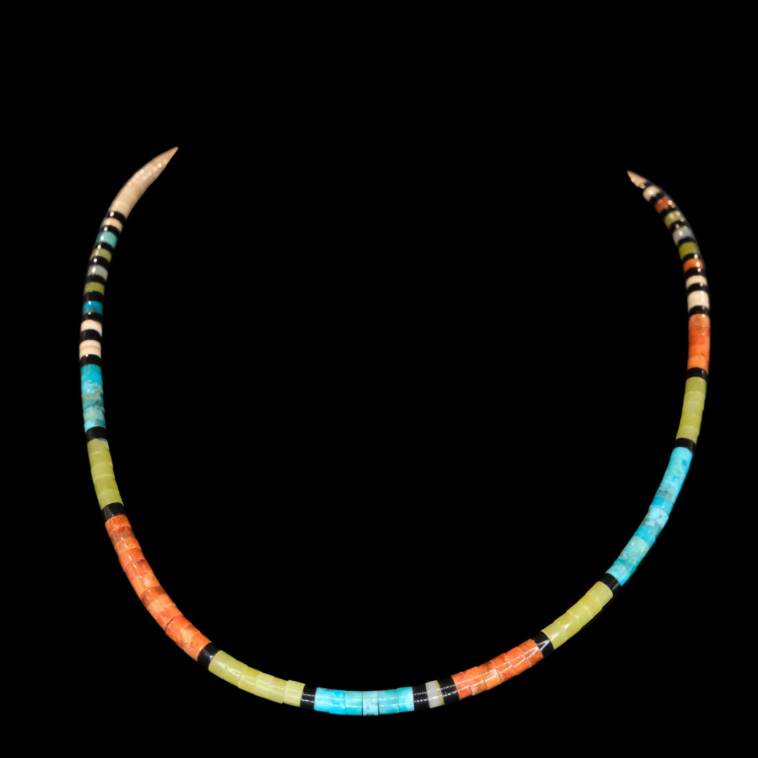 Peyote Bird Calabaza Lajitas mixed turquoise beaded necklace 16 inch displayed on black bust