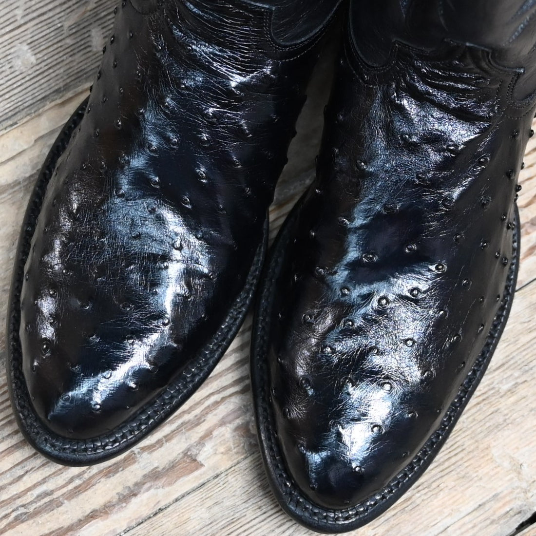 View of Hyer HAVEN 13" boots showcasing black full-quill ostrich leather vamp and black Ranch Hand cowhide top with round toe and underslung heel