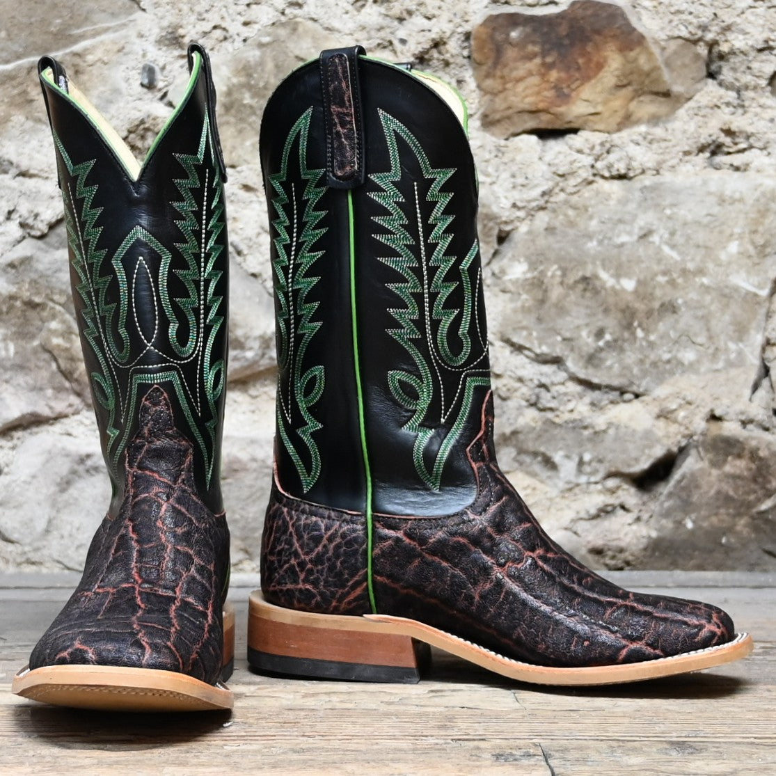 View of Anderson Bean 13" boot with bark vintage elephant vamp and black glove leather top