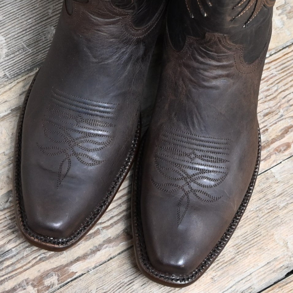 View of Hyer HUDSON 13" boots showcasing brown Mad Dog goat leather vamp and tan Mad Dog goat upper with narrow square toe and Western underslung leather stacked heel