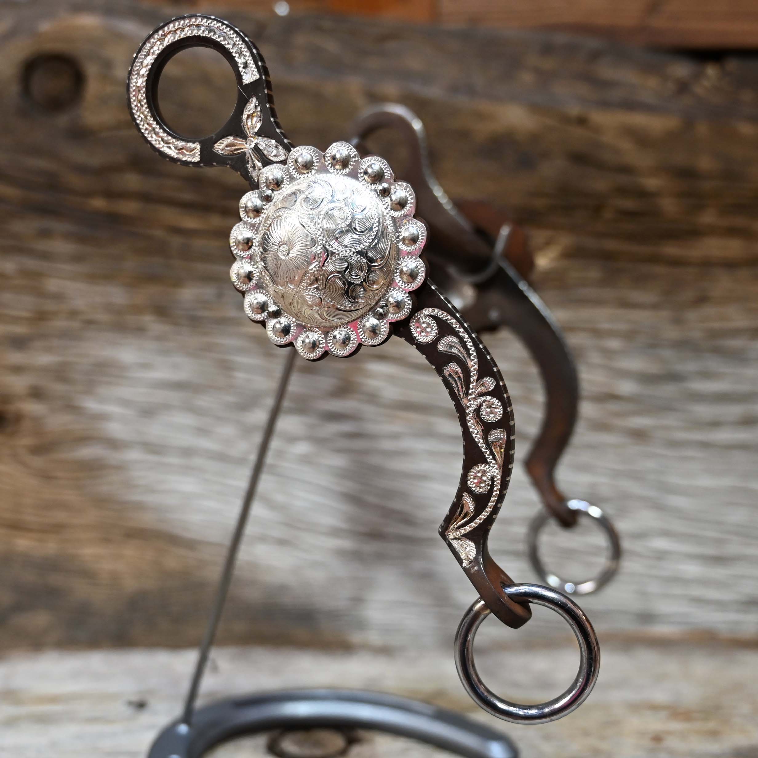 JT Silversmiths Argentine Snaffle Leaves and Concho with Berry Edge Silver Inlay- Patina