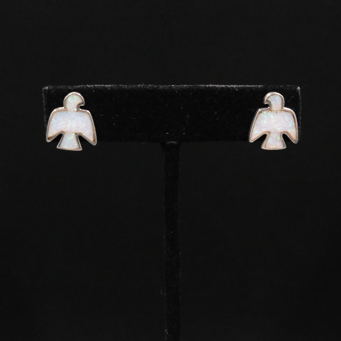 Peyote Bird white opal earrings in .925 sterling silver with peyote bird motif