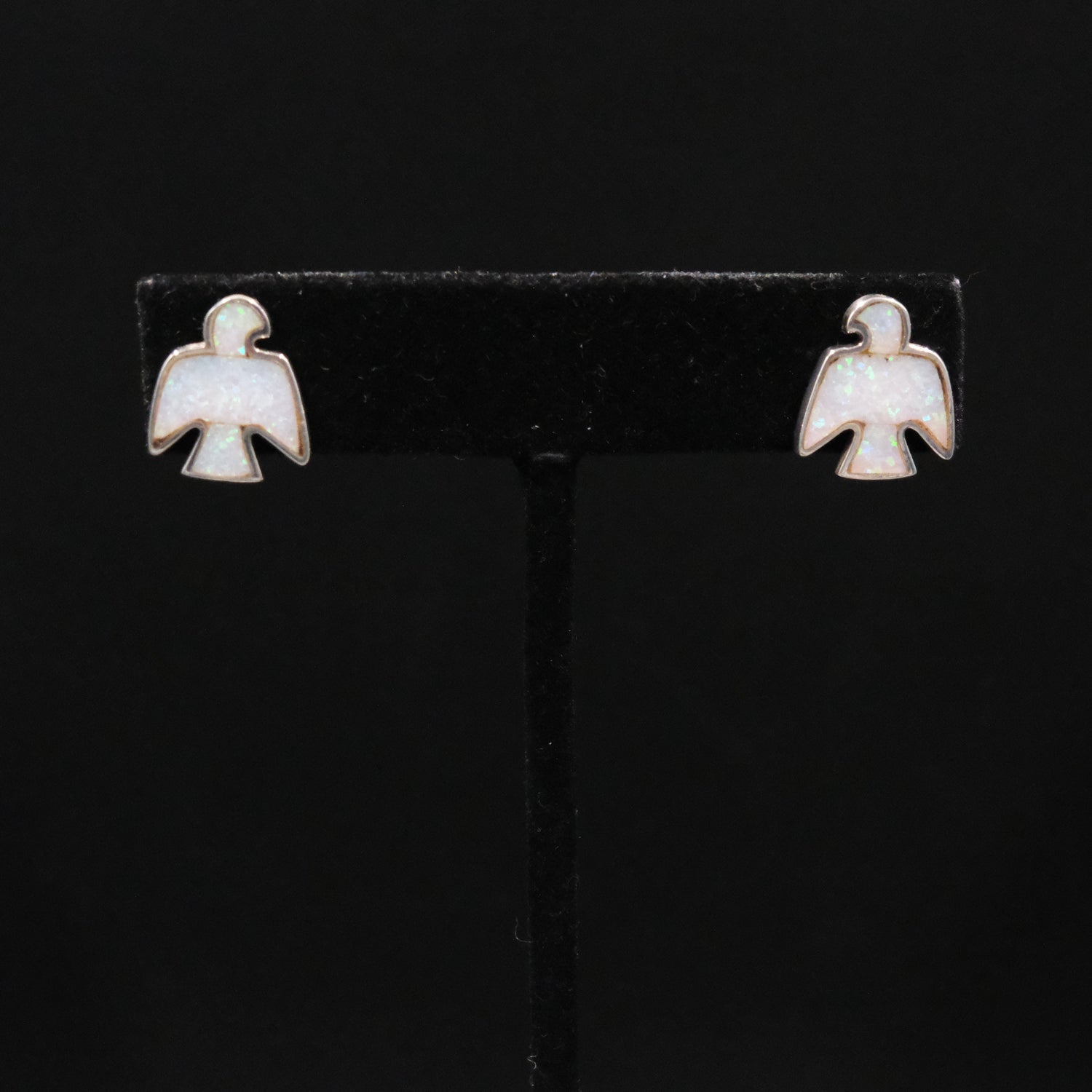 Peyote Bird white opal earrings in .925 sterling silver with peyote bird motif