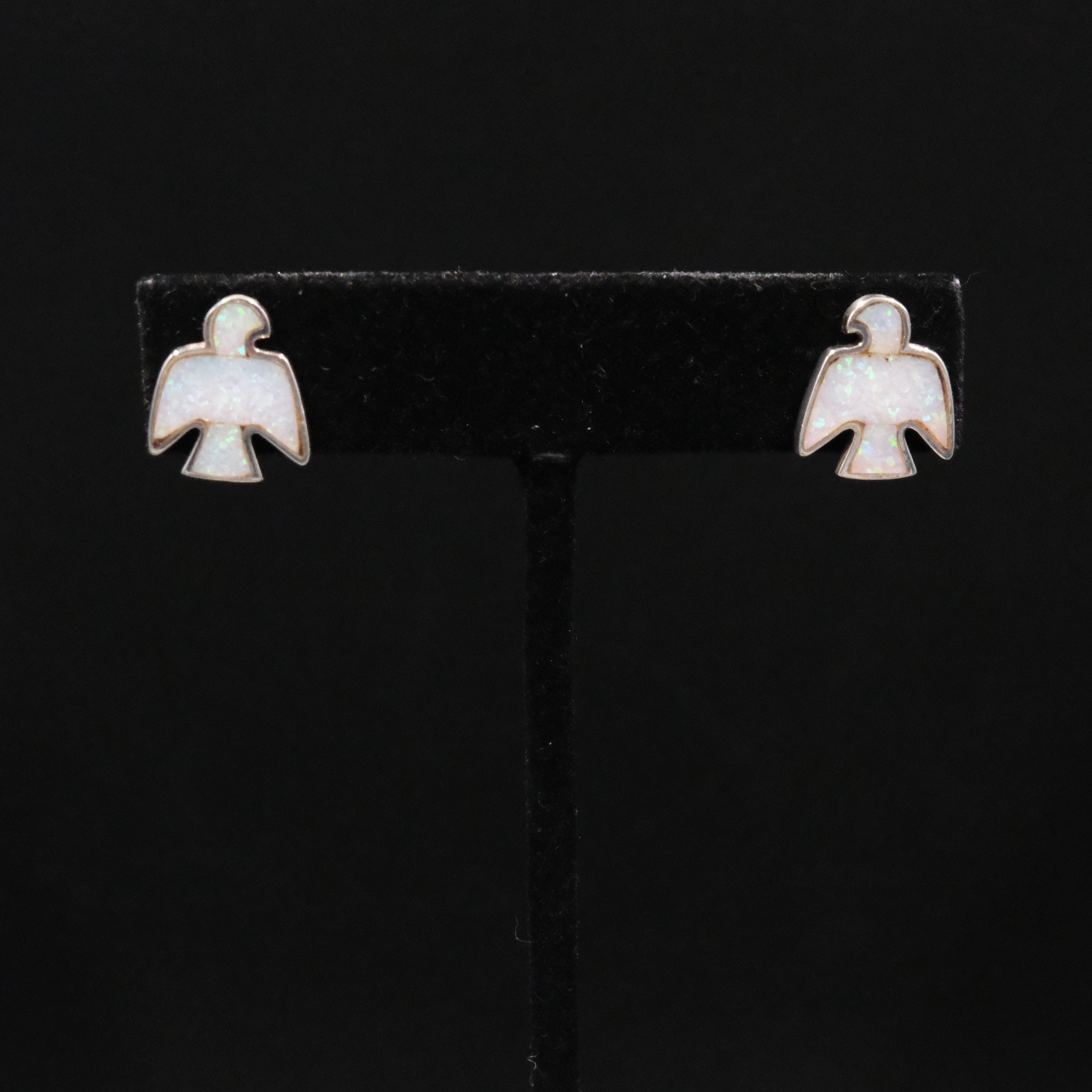 Peyote Bird white opal earrings in .925 sterling silver with peyote bird motif