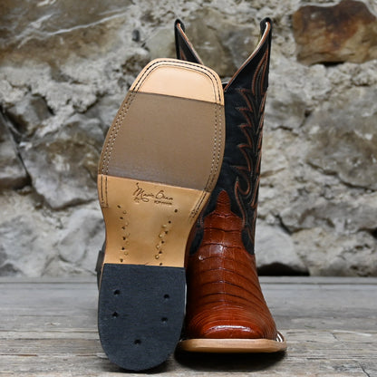 View of Macie Bean 12″ boot with blue shaft and brandy caiman belly vamp, DB toe and roper heel