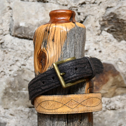 Hondo brown nubuck bullhide leather belt with Oryx center designed to match Hondo Boot 3416