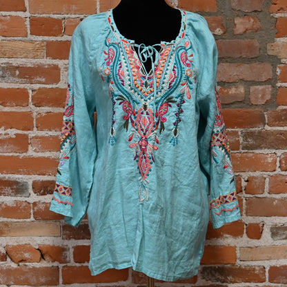 Johnny Was Kris Linen Peasant Blouse Teal