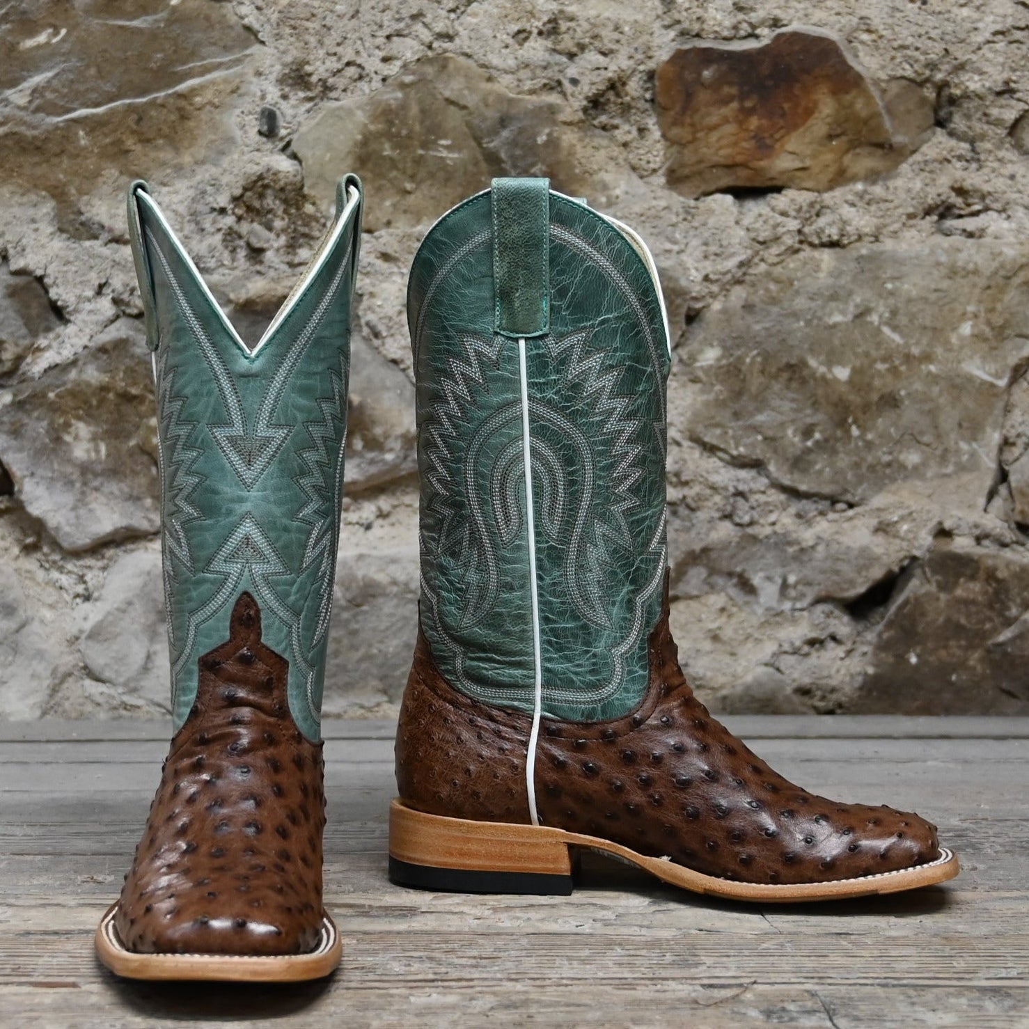 View of Macie Bean 12″ boot in sky blue shaft with Kango tobacco ostrich vamp, almond toe and cowgirl heel