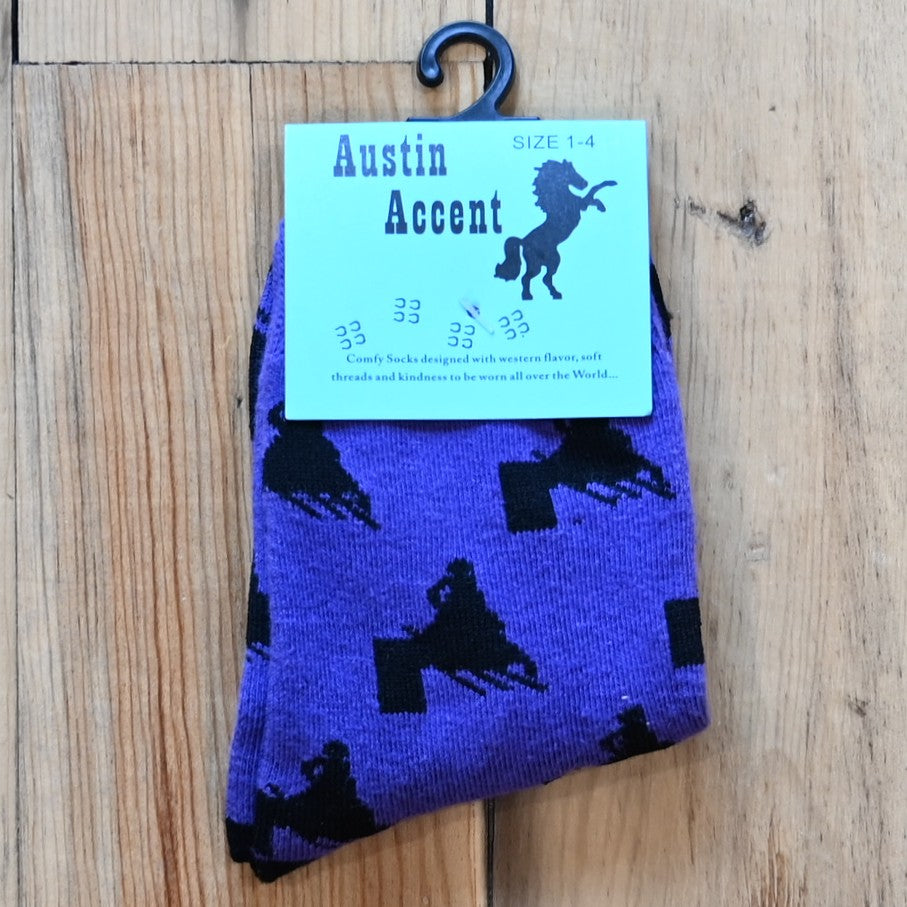 View of Austin Accent Kids Sock in purple with Barrell racer in black design.