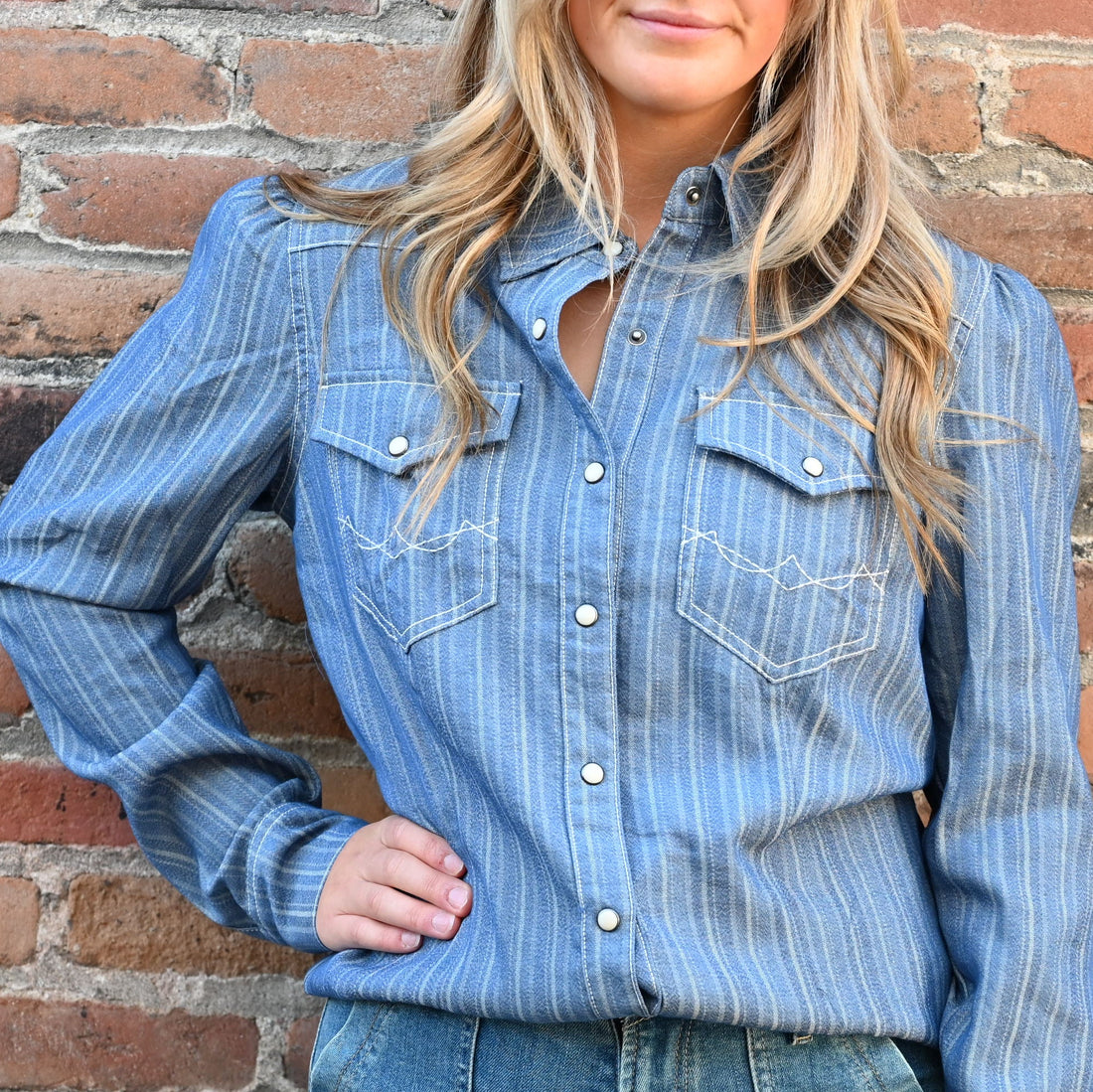 View of Double D Ranch Ladies Heath Shirt – Denim shirt with embroidered details and pearl snap closures for a Western-inspired design