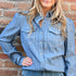 View of Double D Ranch Ladies Heath Shirt – Denim shirt with embroidered details and pearl snap closures for a Western-inspired design