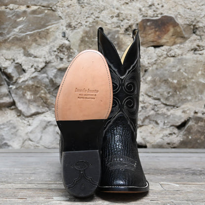 View of Hondo 13&quot; all-black cowboy boot with bullhide vamp, medium round toe, and pull straps