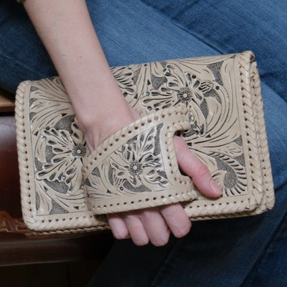 Que Chula El Guante cream tooled leather purse with glove style hand strap