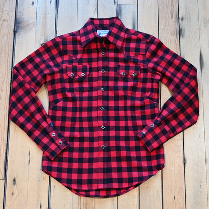 View of Ladies plush red and black buffalo check flannel Western shirt with sawtooth pockets and diamond snaps