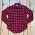 View of Ladies plush red and black buffalo check flannel Western shirt with sawtooth pockets and diamond snaps