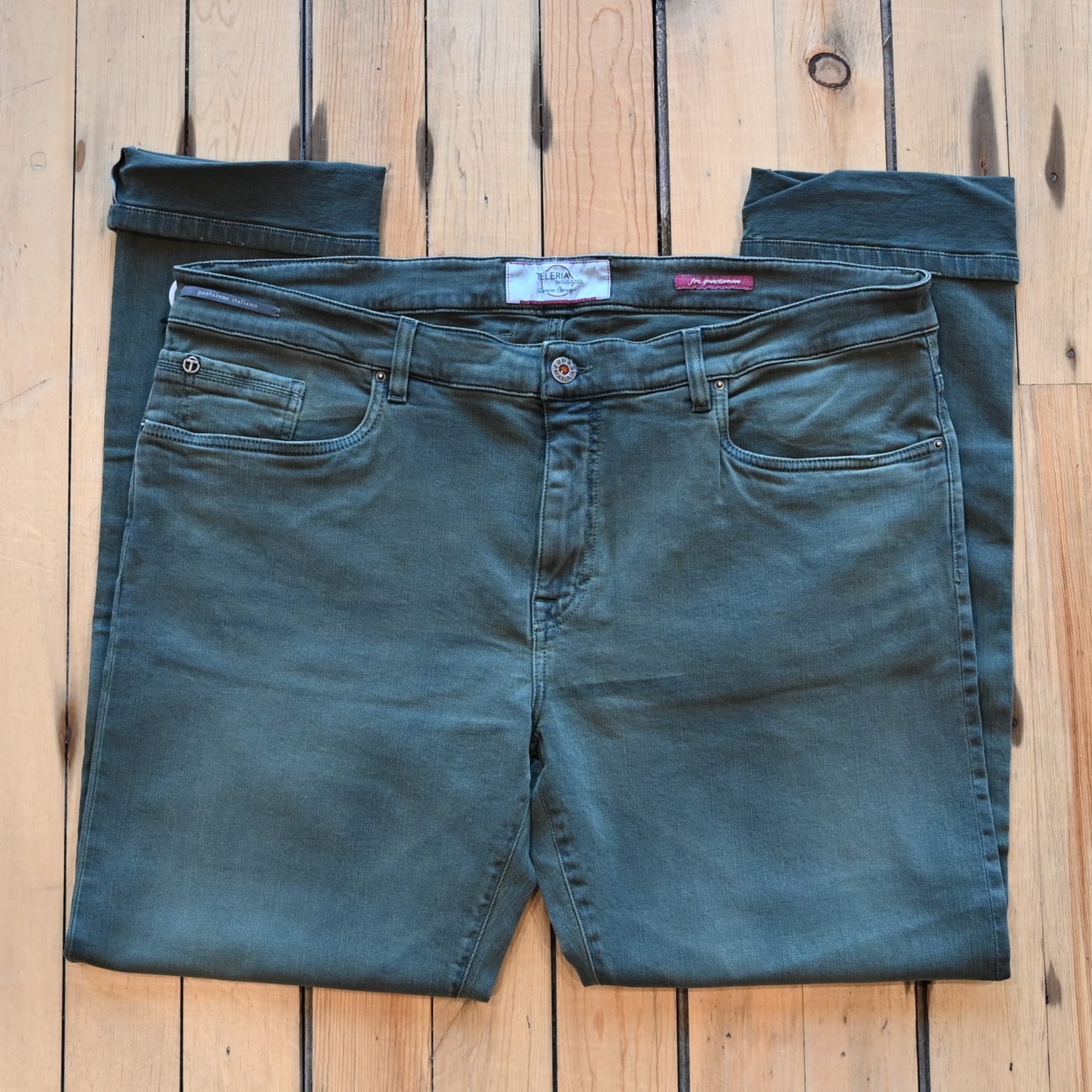 Teleria Zed 5 Pocket Jeans in Loden Green soft Italian olive denim with classic five-pocket design