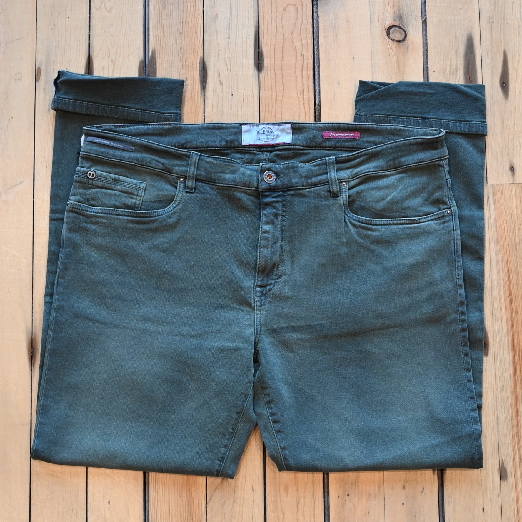 Teleria Zed 5 Pocket Jeans in Loden Green soft Italian olive denim with classic five-pocket design