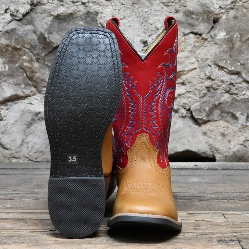 Smoky Mountain Barrett Boot with red shaft and tan vamp, square toe