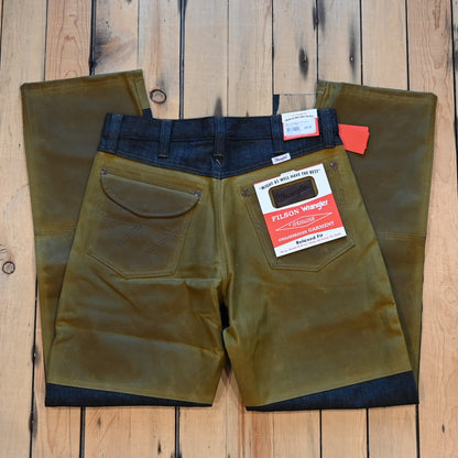 Filson × Wrangler Two-Tone Adventure Jean in indigo with tan waxed canvas reinforcements