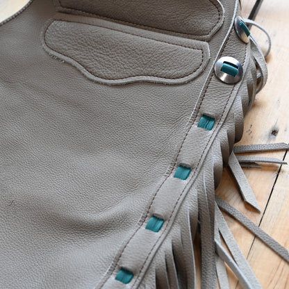 View of K Bar J Borderline Versatility Chap in Medium with fringe and leather border