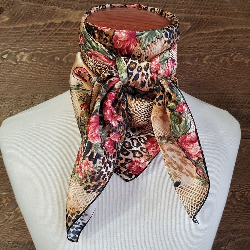 Cowboy Images Charmeuse Exotic Roses Wild Rag 36x36 with floral and leopard print