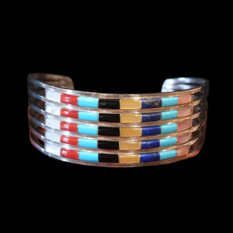 Ahmed Zuni Style Multi Stone Inlay Sterling Silver Row Cuff Bracelet