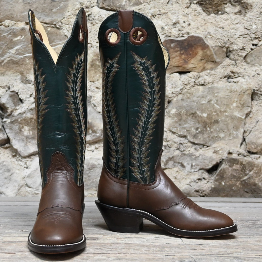 View of Hondo 16&quot; cowboy boot with forest green top, brown retan vamp, pull holes, and spur ledge