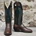 View of Hondo 16" cowboy boot with forest green top, brown retan vamp, pull holes, and spur ledge
