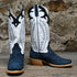View of Hondo 13" cowboy boot with white top, navy nubuck bullhide vamp, blue stitching, snip toe, and spur ledge