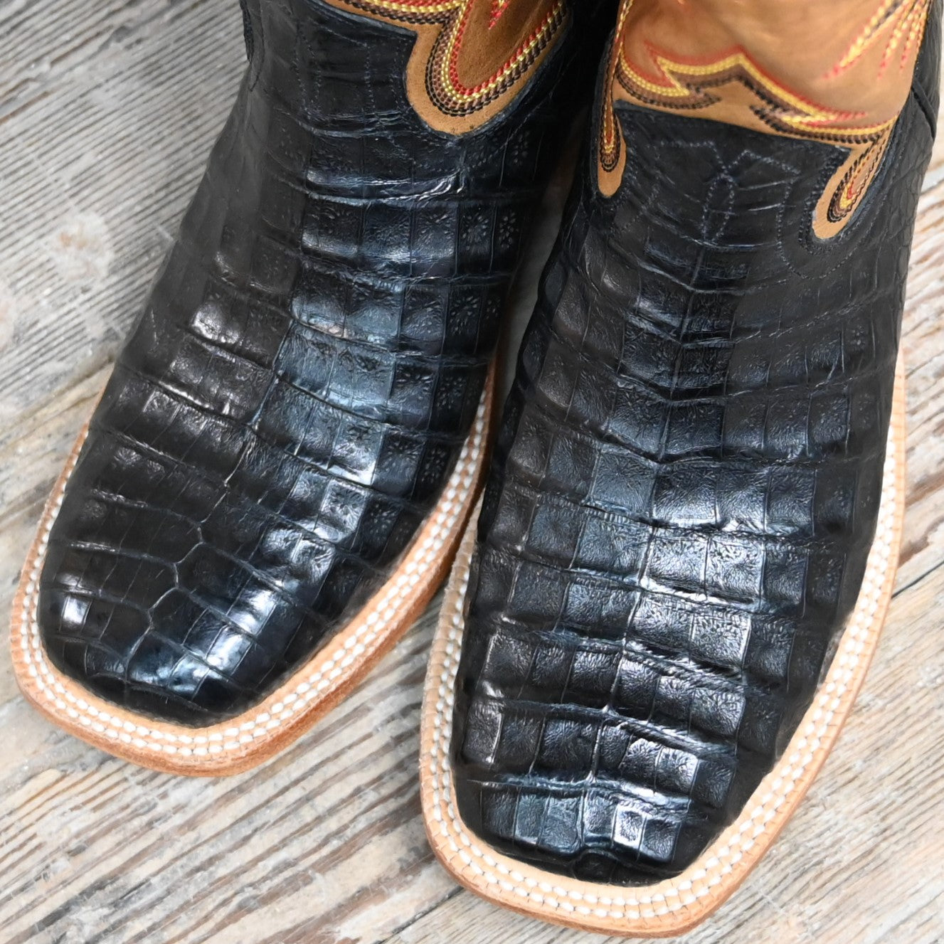 View of Hyer BIG BOW 13&quot; boots featuring a honey vintage goat upper and black belly matte caiman vamp with historic stitch pattern