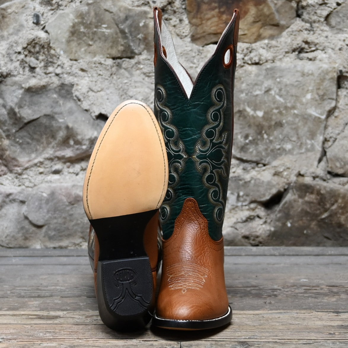 View of Hondo 14&quot; cowboy boot with green volcano top, walnut vamp, white toe bug stitching, and pull holes