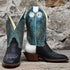 View of Hondo 12" cowboy boot with turquoise crater top, oiled bullhide vamp, narrow square toe, and spur ledge