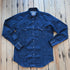View of Blue Blanket men’s dark indigo denim Western shirt with pearl snap closures and yoke detailing