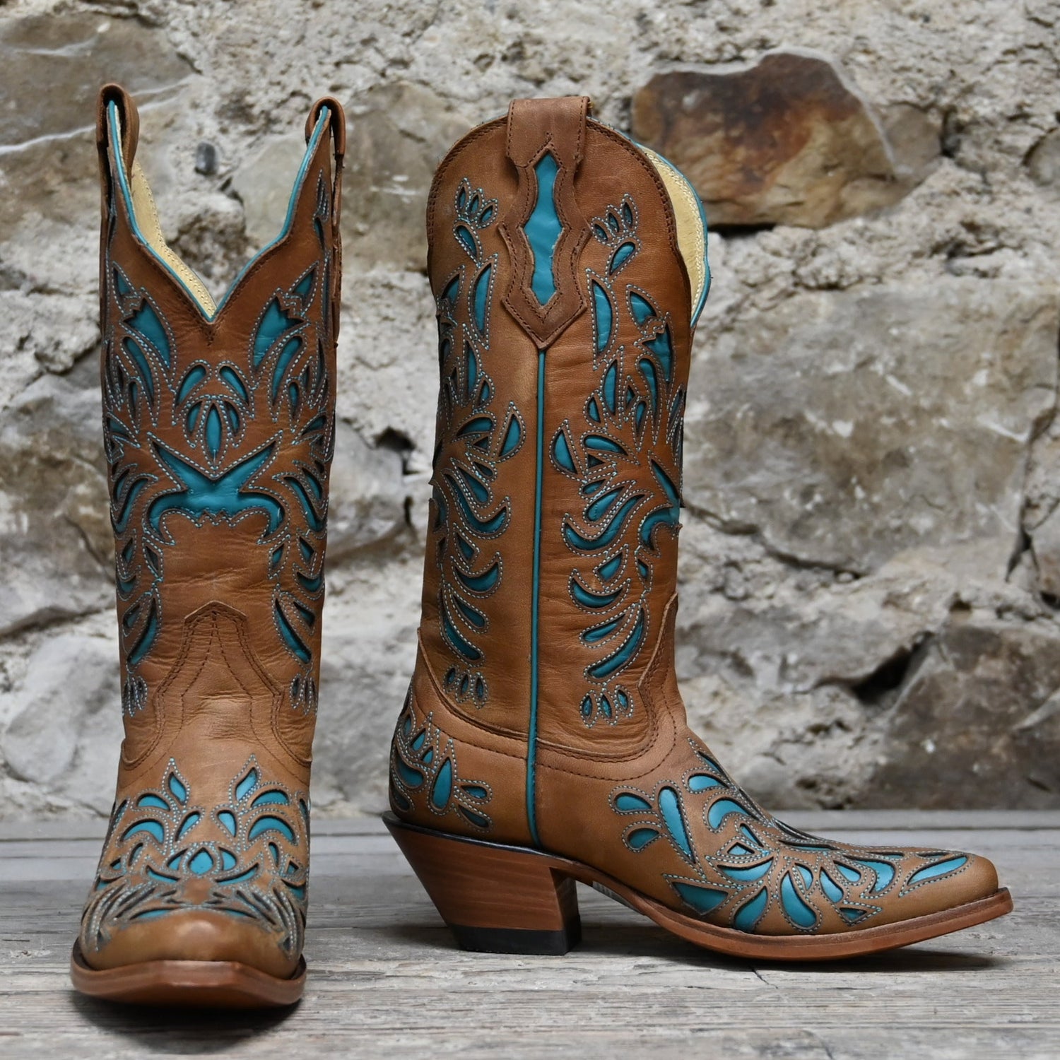 View of Hondo 13&quot; cowboy boot in brown goat with turquoise inlays and tight snip toe