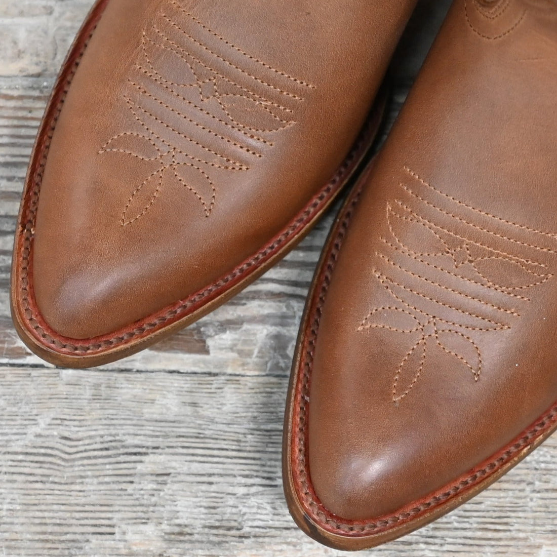 View of Macie Bean 10″ “Hot to Trot” boot in Honey Crazyhorse leather with almond toe and City Girl heel