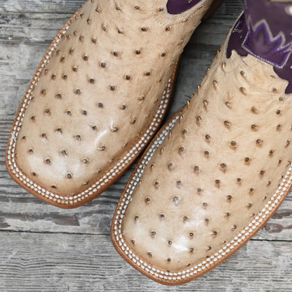 Hyer HARPER 13&quot; boots showcasing tan full-quill waxy ostrich vamp and eggplant vintage goat upper with broad square toe and Stockman block heel