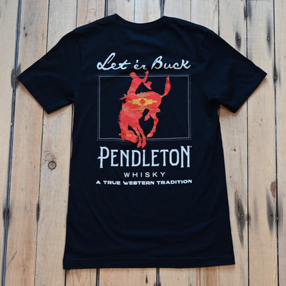 Pendleton black Let’er Buck Whisky T-Shirt with red bucking horse front graphic and Pendleton bucking horse back design