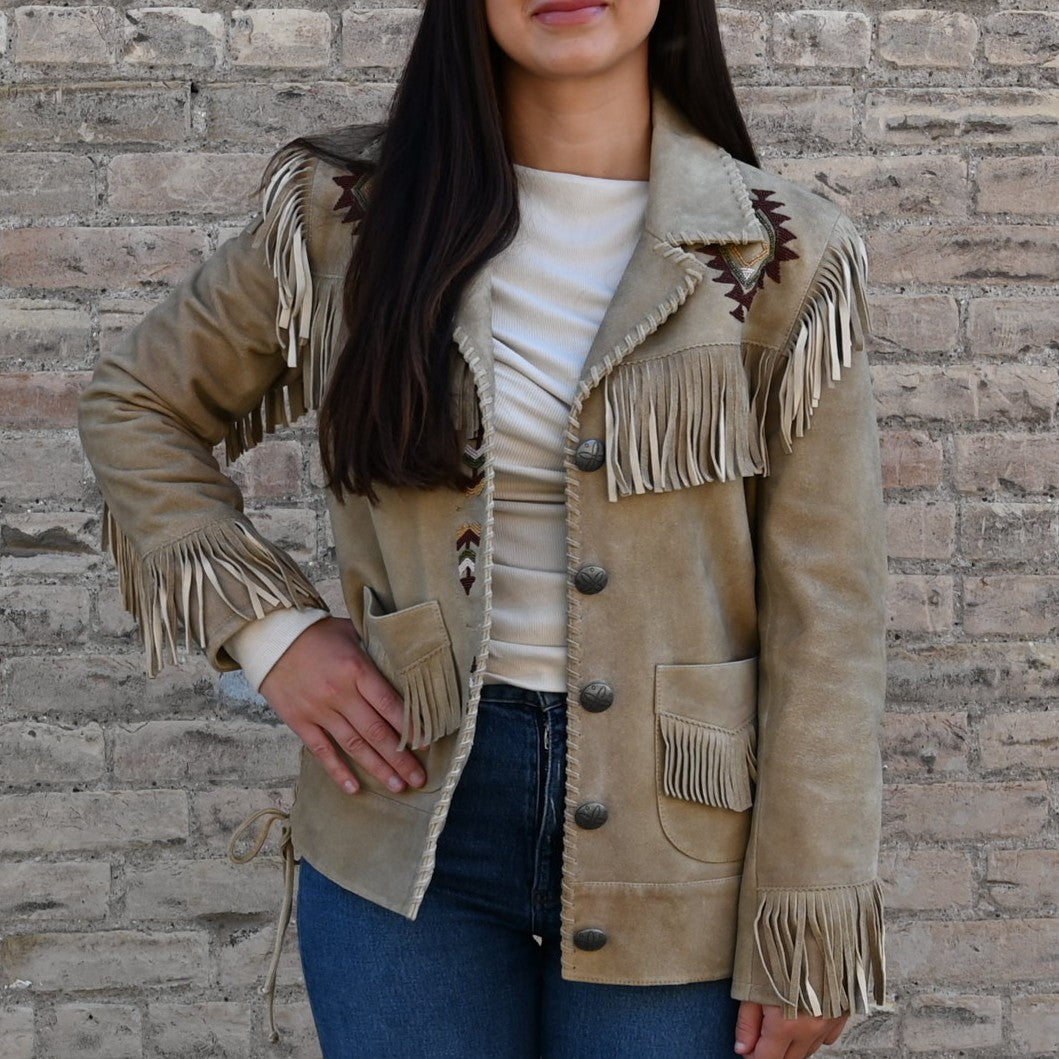 Double D Ranch Ennis Goat Suede Fringed Jacket with Beading