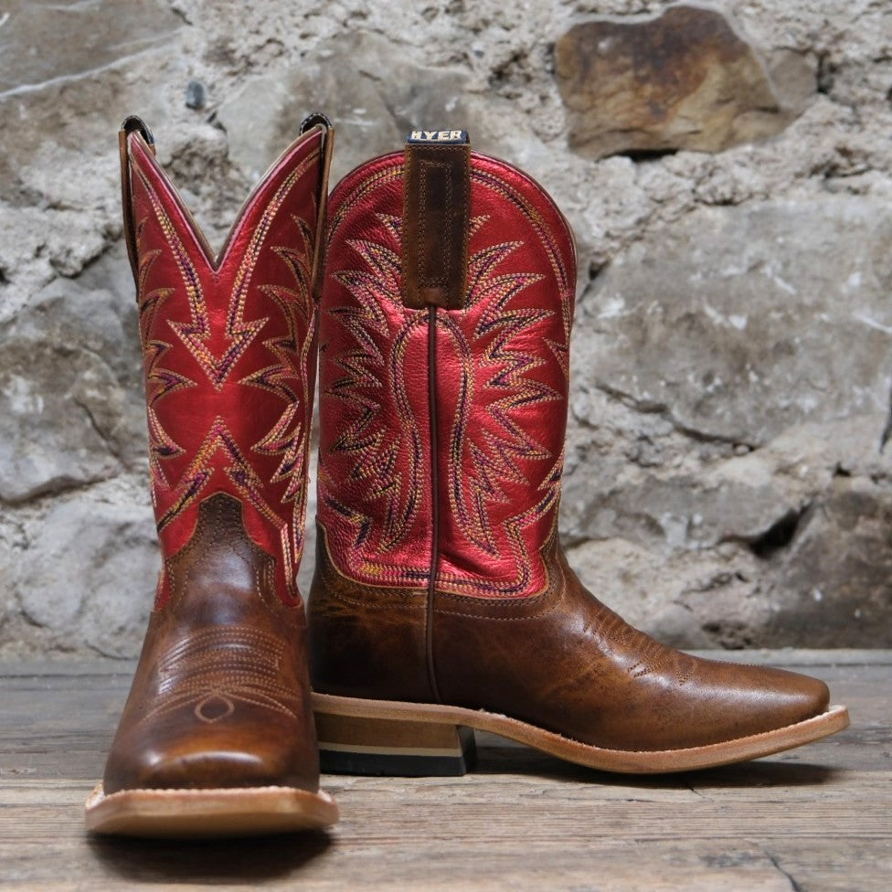 Hyer Boots Little River in Brown and Red with a broad square toe.