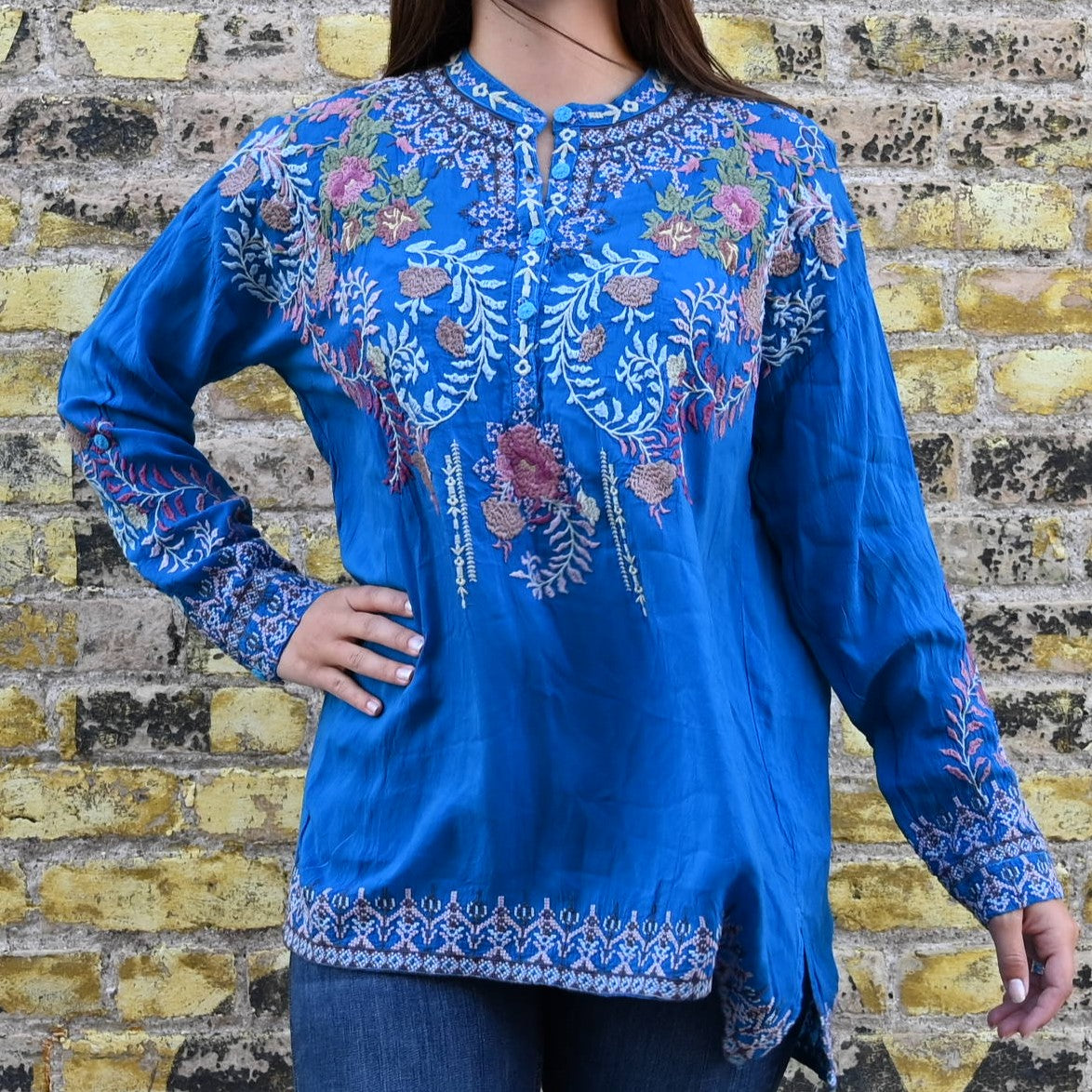 View of Johnny Was Sundae Tunic in Mediterranean Blue with floral embroidery and henley neckline