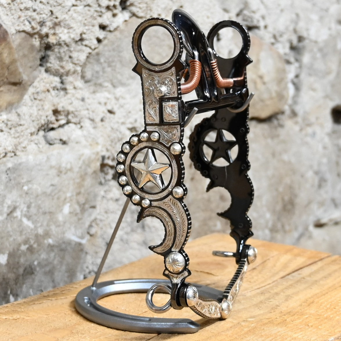 JT Silversmiths black spade bit with copper wire braces, black bar, bead details and star motif