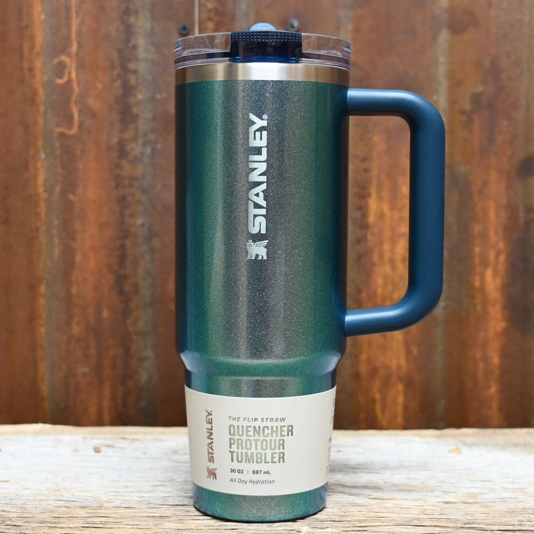 Stanley Quencher ProTour Flip Straw Tumbler 30 oz in Ponderosa Shimmer with flip straw lid and comfort-grip handle