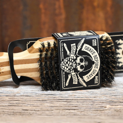 Grave Before Shave official beard brush with natural boar bristles and wood handle featuring logo engraving
